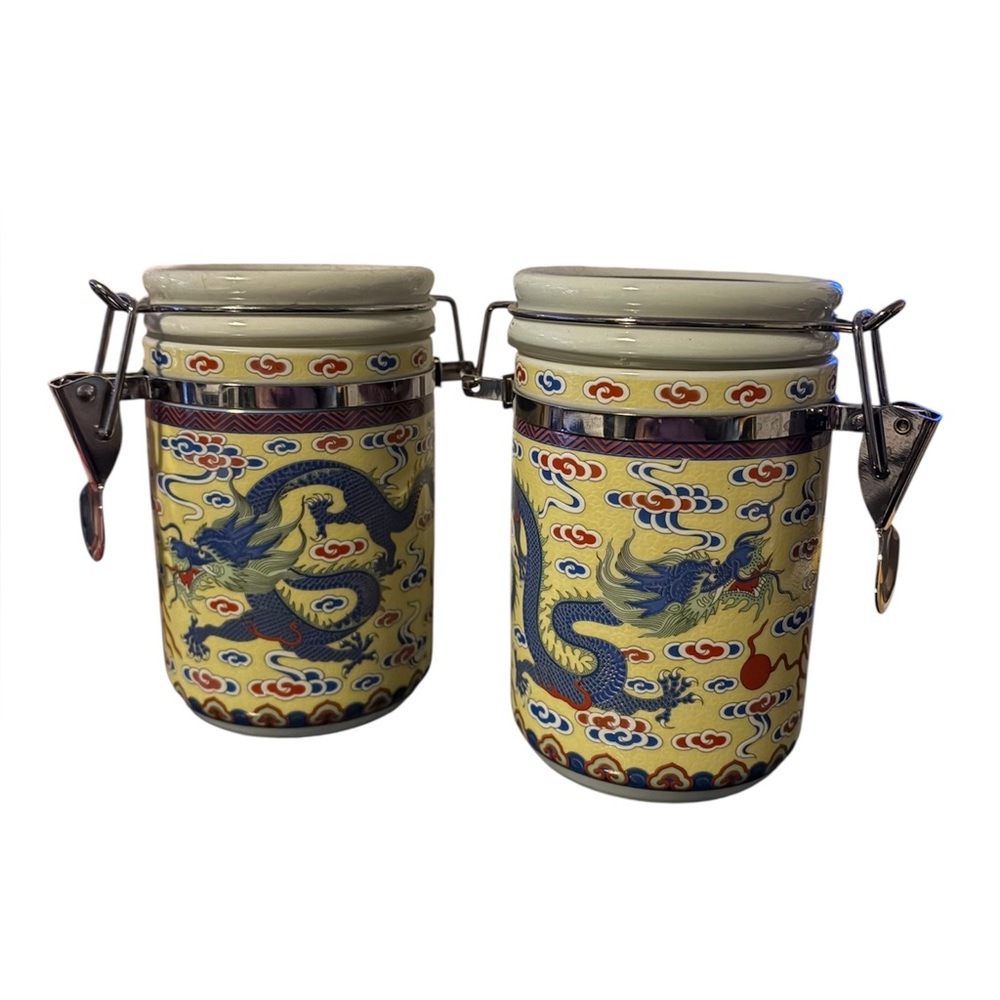 Yellow Chinoserie Dragon Porcelain Canisters, Set of 2